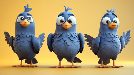Pigeon funny cartoon character set. Vector illustration collection of different blue wild city dove with dumb face expression. Various comic bird mascot with beak and wings standing and watching.