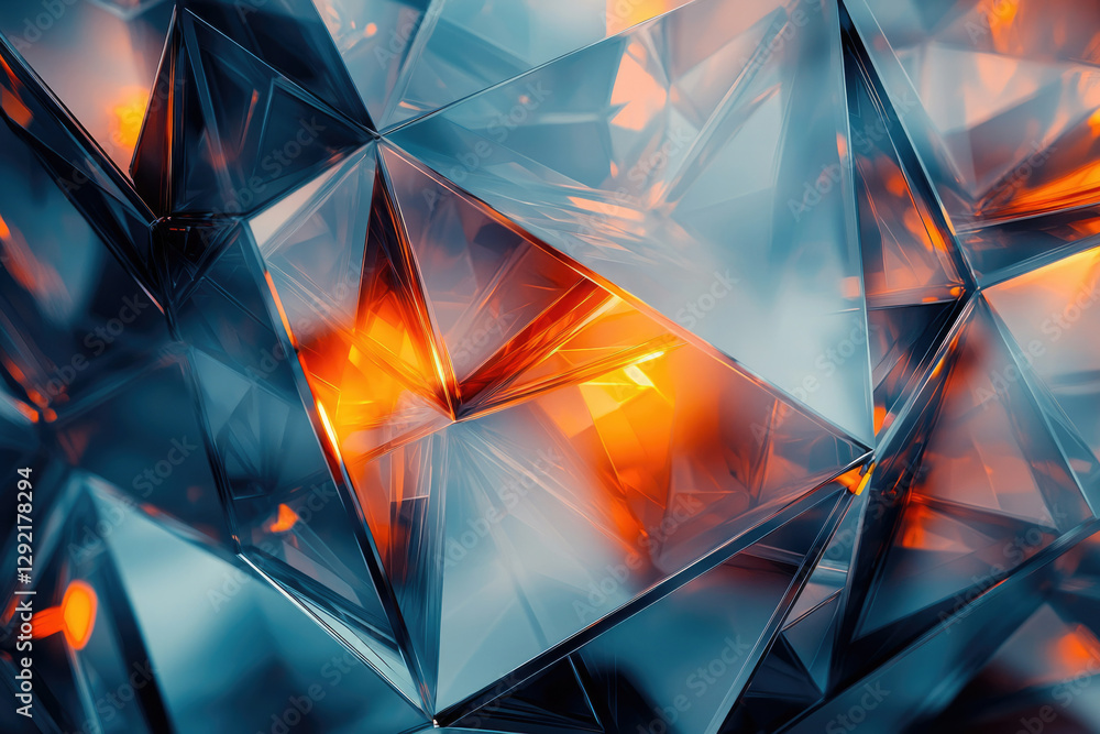 Poster abstract image of intersecting glass pyramids with orange and blue hues, creating a vibrant, geometr