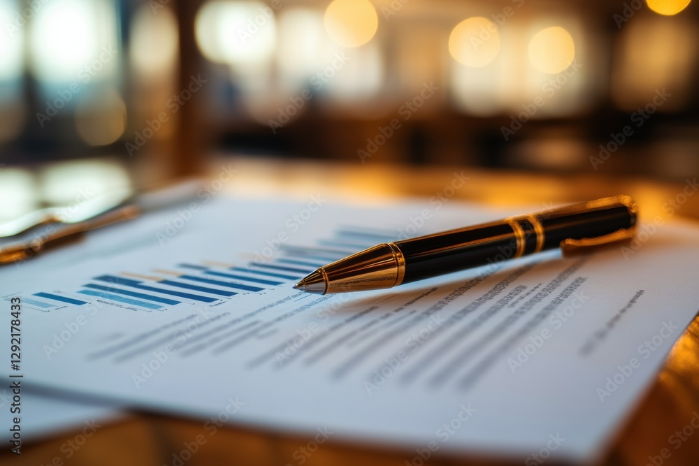 Aufkleber business report with colorful graphs and a gold pen on a wooden desk during a bright office environm