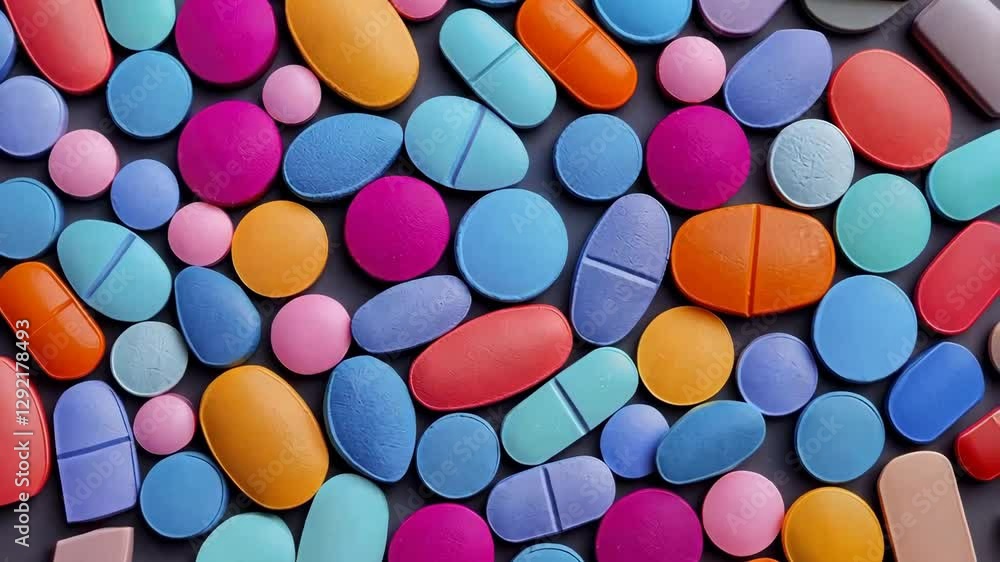 Poster colorful assortment of variously shaped and sized pills and tablets displayed against dark backgroun