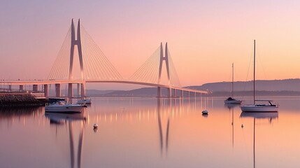 Calm sunrise over cable-stayed bridge and calm water with boats.