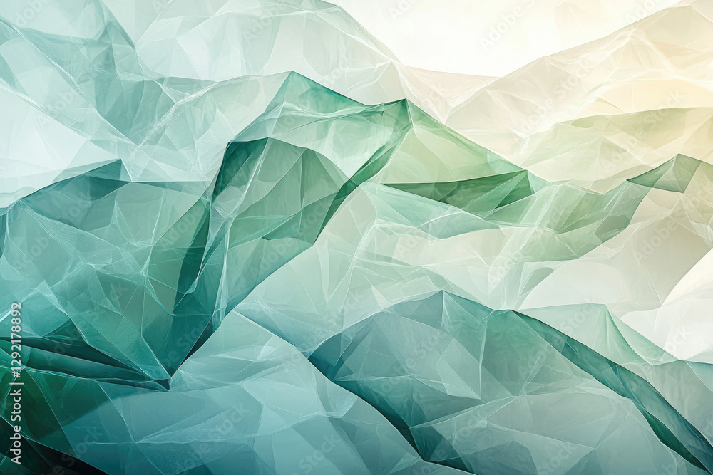 Poster abstract art depicting a landscape of translucent, teal and white polygonal forms resembling folded 