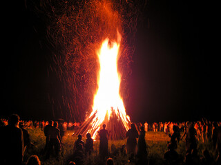 Huge festive bonfire at Slavic pagan celebration of Kupala, Russia. June 2013