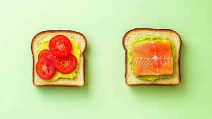  Two slices of bread with salmon, avocado, and tomato slices on top