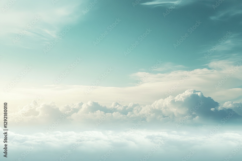Poster serene cloudscape at sunrise over a tranquil sky with soft pastel hues reflecting on the horizon. ge