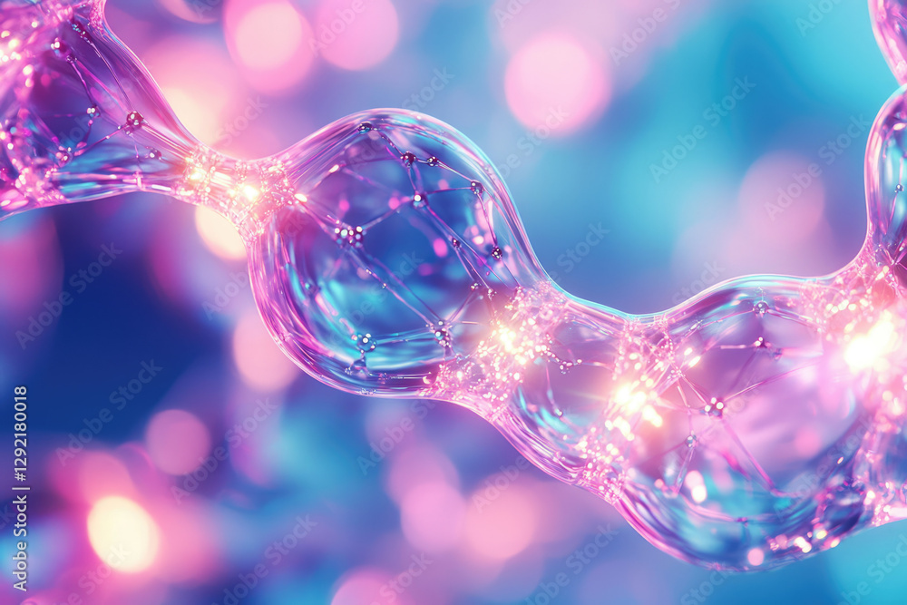 Poster abstract representation of interconnected nodes, glowing with vibrant pink and blue hues, resembling
