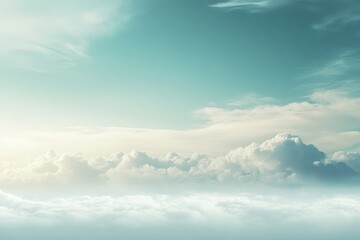 Serene cloudscape at sunrise over a tranquil sky with soft pastel hues reflecting on the horizon. Generative AI