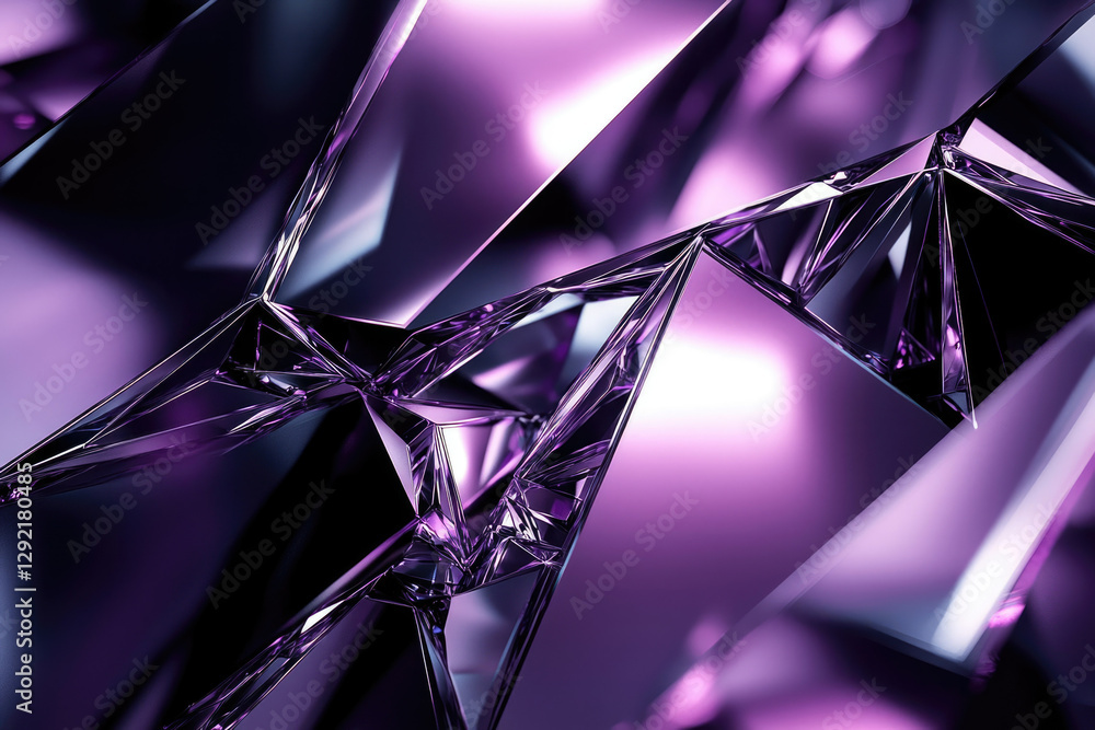 Poster abstract close-up of purple crystal shards, reflecting light and showcasing sharp facets.