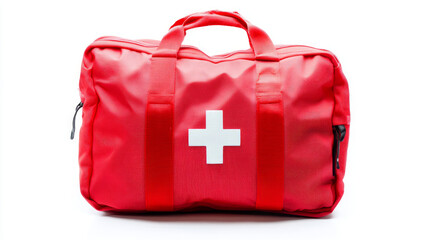 Red bag with first aid kit isolated on white background
