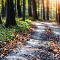 Autumn forest path, sunlight, fall leaves, nature walk, tranquil scene, peaceful background