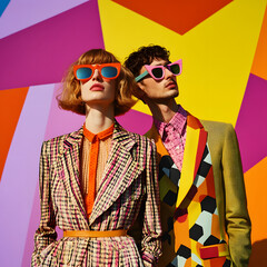 A stylish couple poses in vibrant outfits and sunglasses before a bold geometric backdrop.