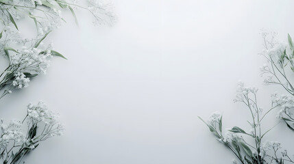 Delicate white flowers and greenery frame a minimalist gray backdrop.