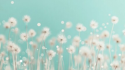   A high-resolution close-up of dandelions on a blue background with sharp focus on the dandelions and soft blur around them