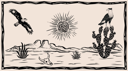 Deserted countryside landscape with flying falcons. Scorching sun and arid climate. Linocut style, vector illustration.eps