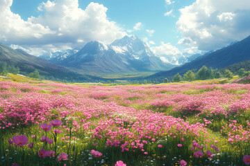 Obraz premium Vibrant Meadow Cascade, Pink Blooms under Majestic Mountain Peaks