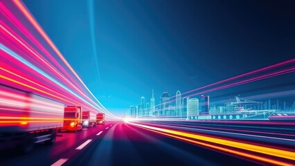 Fototapeta premium Rapid movement through a futuristic city skyline with vibrant light trails at dusk. Generative AI