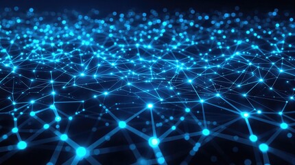 Obraz premium Futuristic blue digital network connecting nodes and pathways in a serene virtual environment during nighttime. Generative AI