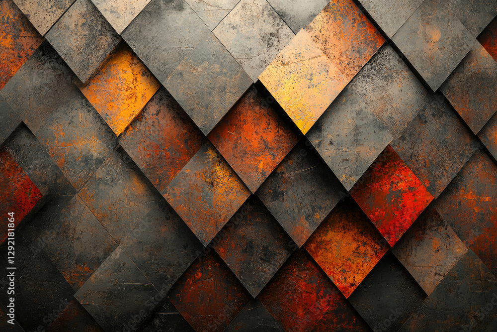 Poster Abstract geometric pattern of overlapping rusty metallic squares creating a textured, dark, and industrial-style background.