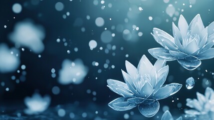 Fototapeta premium Blue water lilies float atop water surface, dotted with droplets
