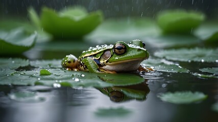 Fototapeta premium A macro shot of green frog on a lotus leaf in pond.