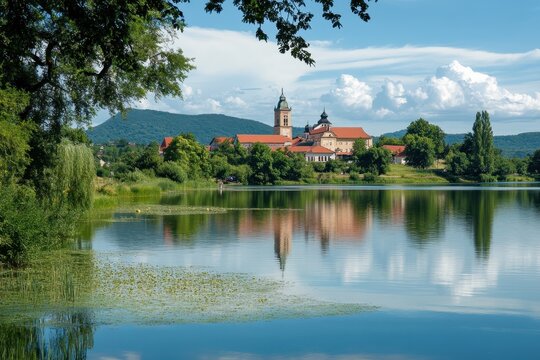 Scenic view of the benedictine abbey in tihany reflecting on lake balaton under a cloudy sky