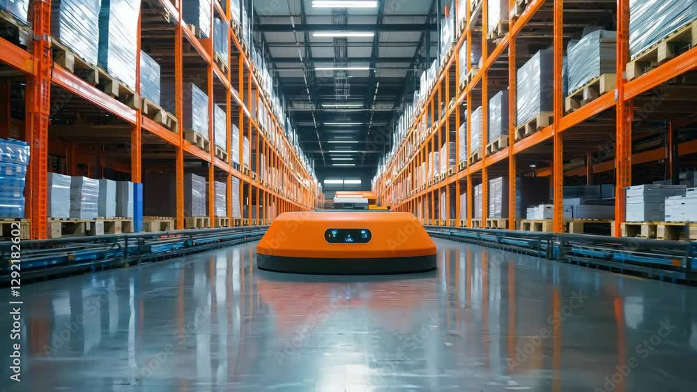 Poster a delivery robot moves efficiently along an aisle in a modern warehouse filled with stacked pallets 