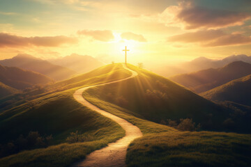 Parth Leading to Jesus Christ Cross on Hill Illuminated by Sun Rays