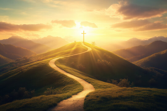 Parth Leading to Jesus Christ Cross on Hill Illuminated by Sun Rays