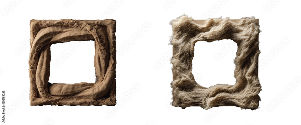 Poster textured square frames with rough and soft fabric adornments showcase contrasting styles