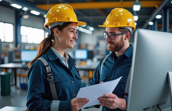 A Young Diverse Male and Female Engineers Collaborating in a Modern Industrial Warehouse, Reviewing Technical Documents Together with Safety Helmets On