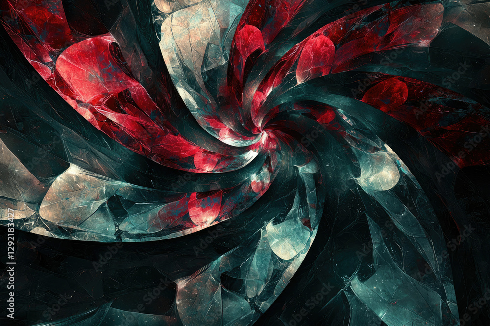 Poster abstract swirling fractal art with dark teal, red, and beige tones creating a vortex effect.
