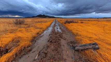 Muddy road through autumnal plains under stormy sky