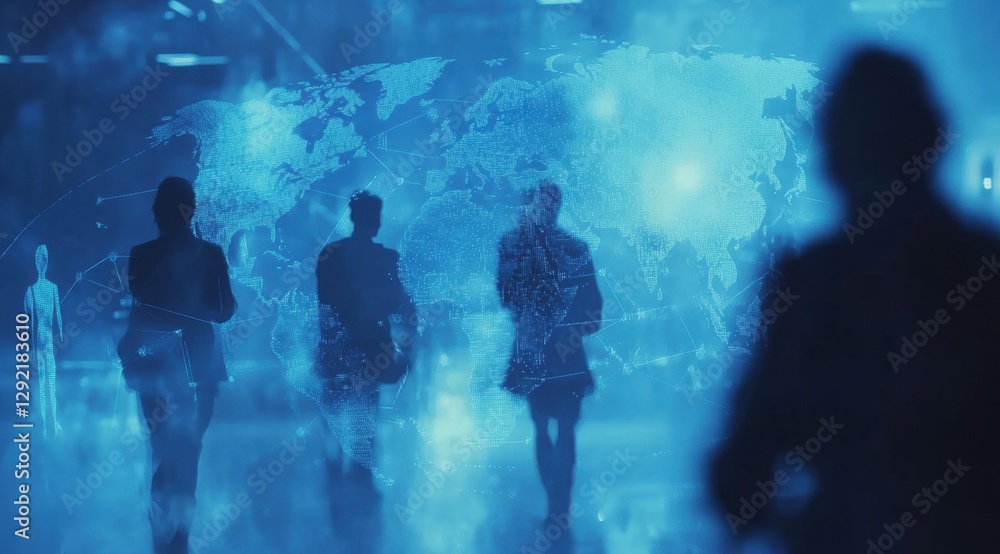 Poster silhouettes of business people in an office team working together with a digital map and global netw