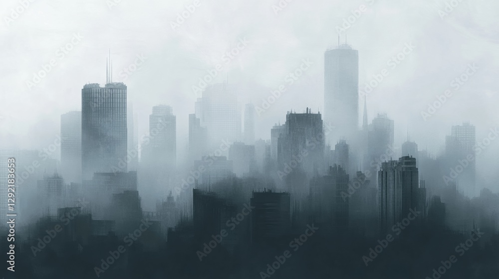 Poster Cityscape enveloped in gray smog with fading silhouettes of buildings and ample sky space for text. Generative AI