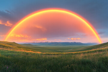 Naklejka premium Golden Arch Over Serene Valley, A Tranquil Landscape Under Rainbow Glow