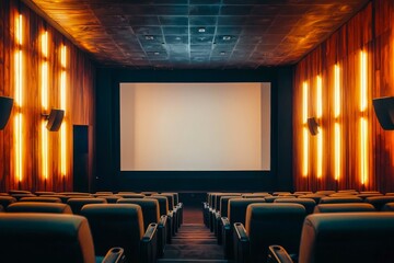 Fototapeta premium Home theater room with large screen, comfortable recliner seats, and dim lighting.