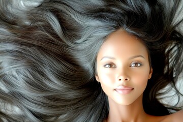 Obraz premium Long trim - straight hair. Stunning happy black girl - for ads, poster and internet use. Commercial commercial creative. Beauty in black models. Glamorous black advertising. Black hair model.