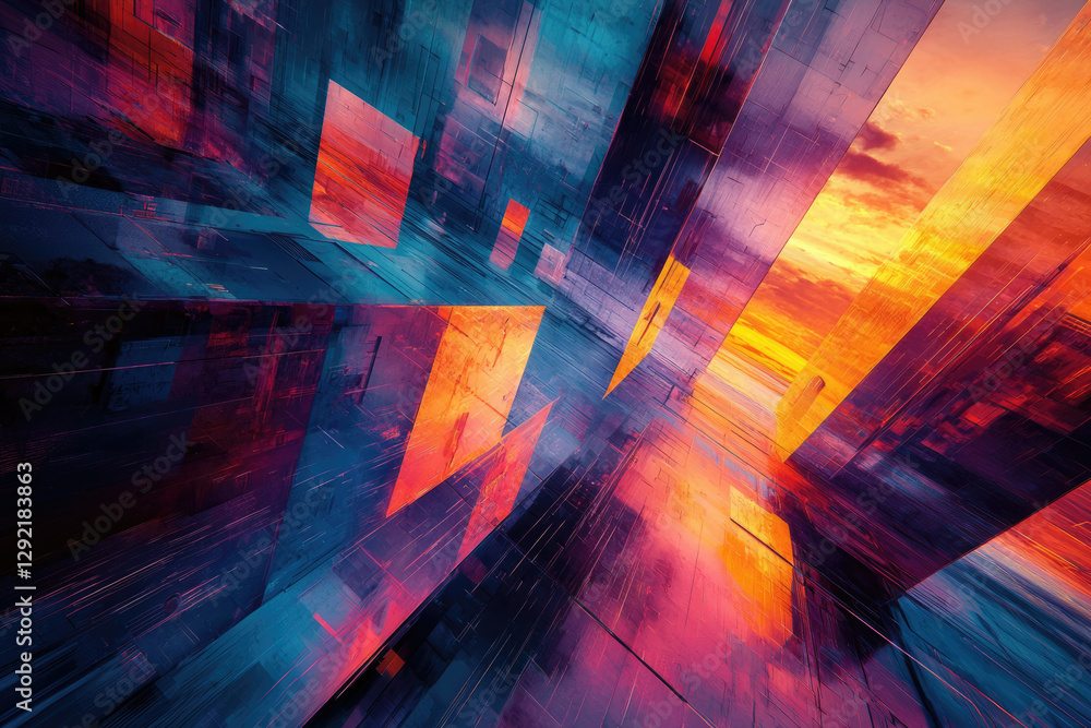 Poster abstract digital art depicting a vibrant, futuristic cityscape with warm and cool tones, creating a 