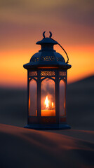 An old-fashioned lantern glowing in the desert at sunset, casting warm light on the sand dunes
