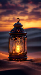 An old-fashioned lantern glowing in the desert at sunset, casting warm light on the sand dunes

