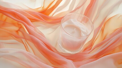 Obraz premium A white table with pink and orange cloth, holding a glass atop it