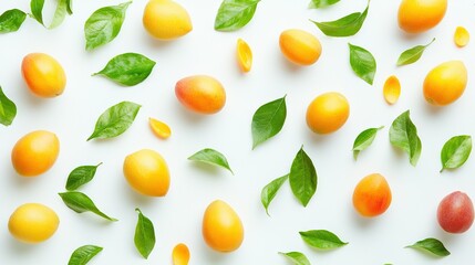   Orange tree with green foliage and peaches on white backdrop