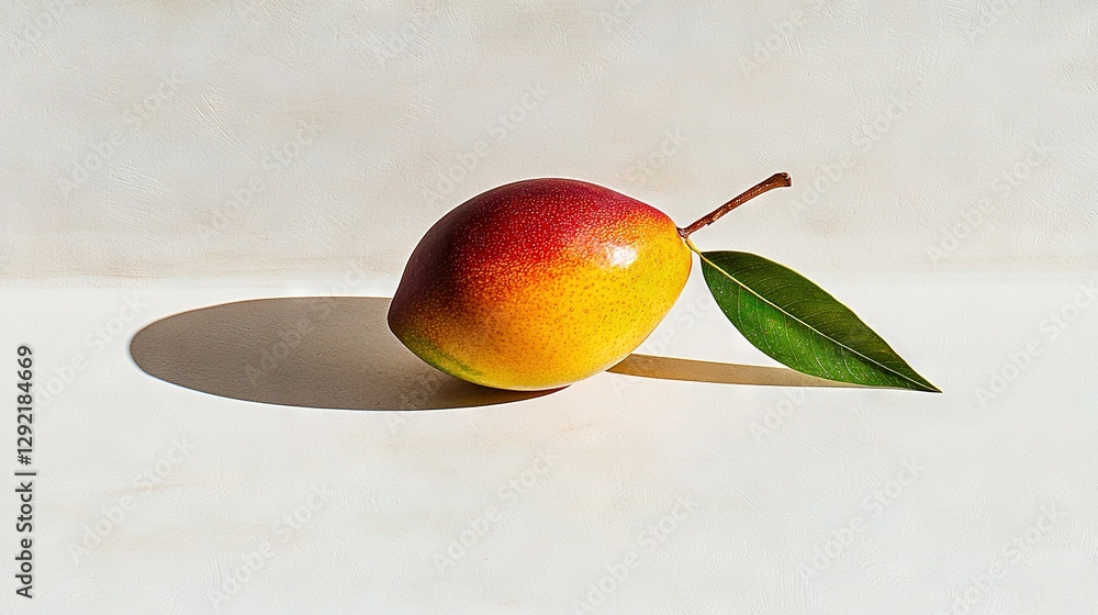 Poster an apple with a green leaf on a white counter top with a shadow cast from above
