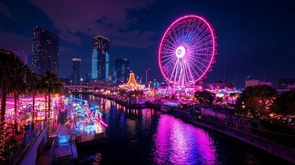 Illuminated Ferris wheel and amusement park at night.