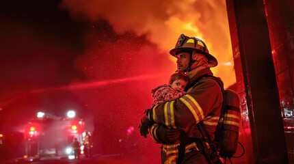 Heroic firefighter rescues child from fire amidst dramatic flames and smoke on a dangerous night. Generative AI