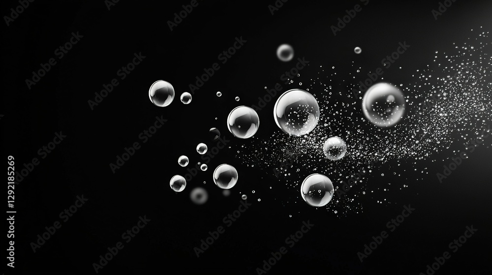 Poster a black-and-white photo captures bubbles drifting through the air while illuminated from below by a 