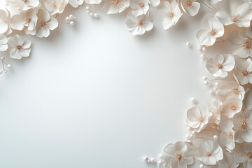 Minimalist floral composition with intricate white blossoms and soft shadows. The elegant arrangement highlights purity and style, ideal for wedding or fashion themes.