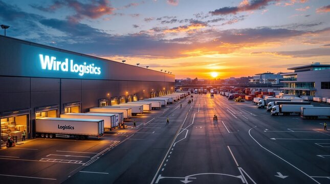 Logistics hub at sunset with trucks lined up ready for distribution in a bustling industrial area. Generative AI
