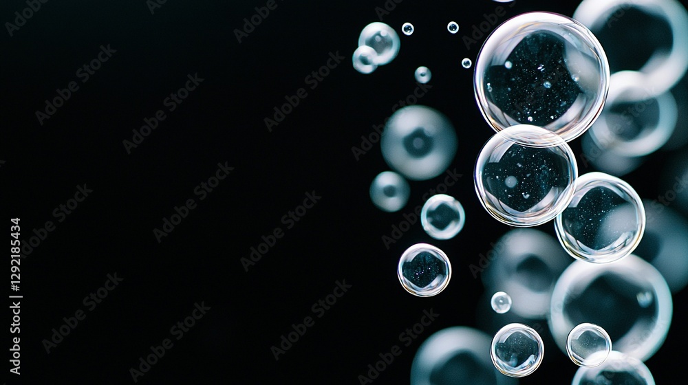 Poster a group of floating bubbles against a dark backdrop, featuring several layers of bubbles suspended i