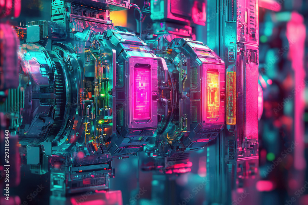 Poster cyberpunk-style digital art depicting a complex, glowing, technological structure with intricate cir